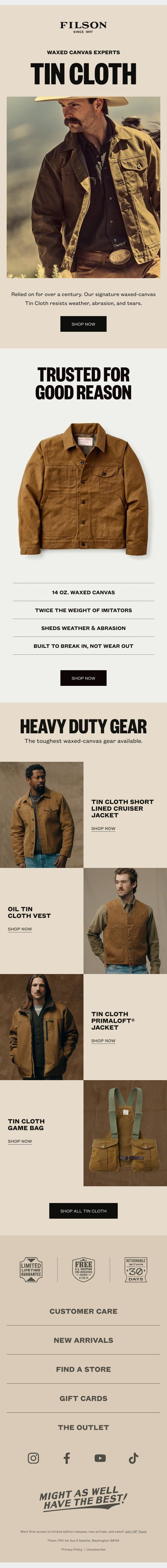 Waxed Canvas Experts email from Filson screenshot