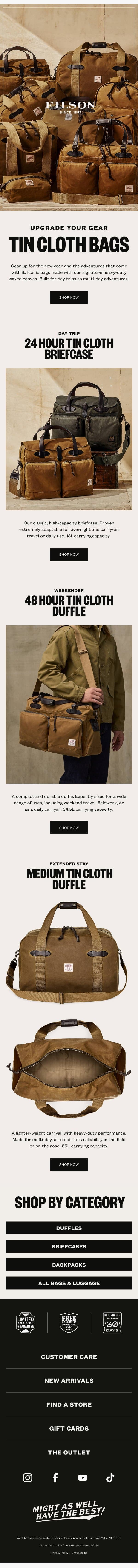 Tin Cloth Bags: Gear Up for the Road Ahead email from Filson screenshot