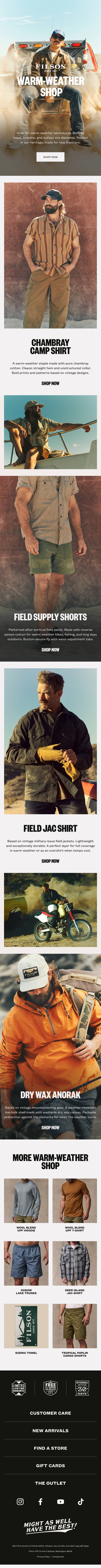 Warm-Weather Shop: Outlast the Elements email from Filson screenshot