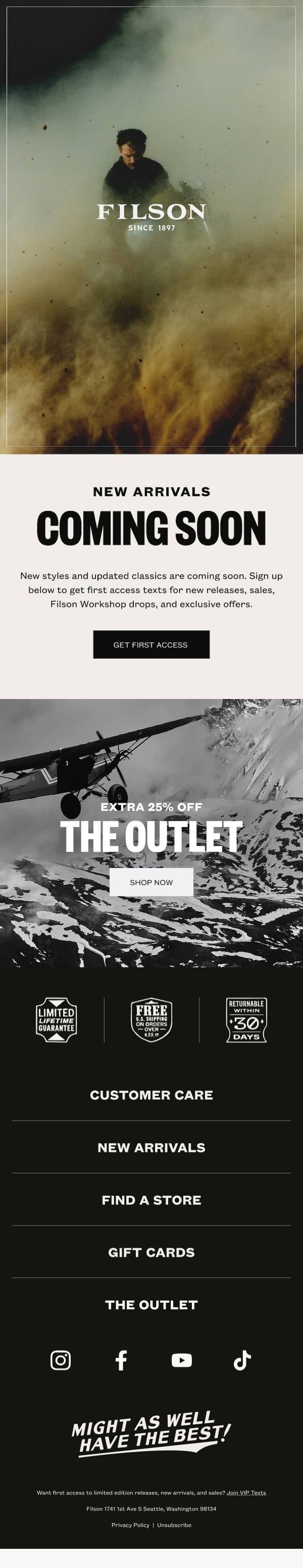 Coming Soon: New Arrivals for the Season email from Filson screenshot