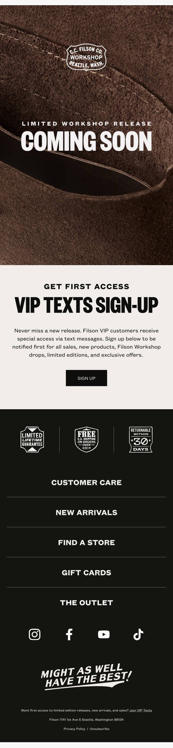 Workshop Drop Coming Soon email from Filson screenshot
