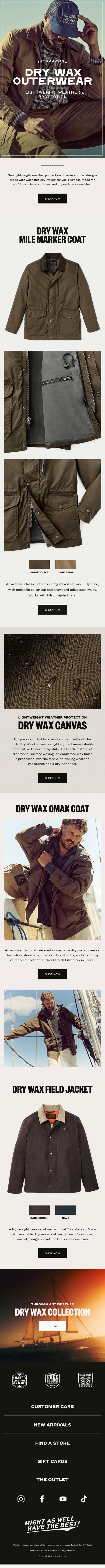 Archival Styles Return in Dry Wax Canvas email from Filson screenshot