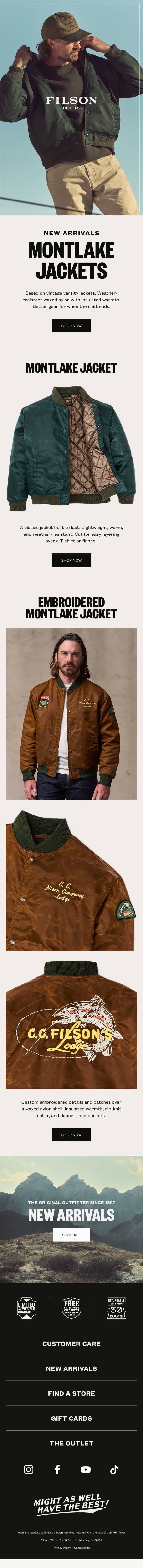 New Montlake Jackets: Based on Vintage Varsity Gear email from Filson screenshot