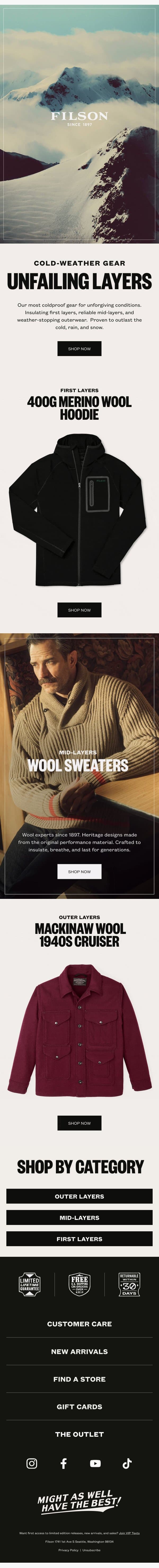 Unfailing Layers: Our Most Coldproof Gear email from Filson screenshot