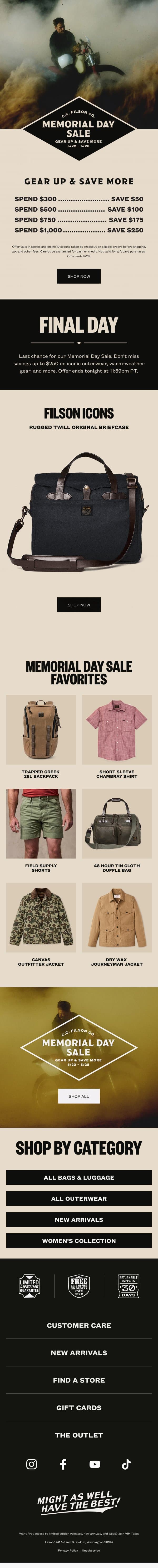 Memorial Day Sale: Ends Today email from Filson screenshot