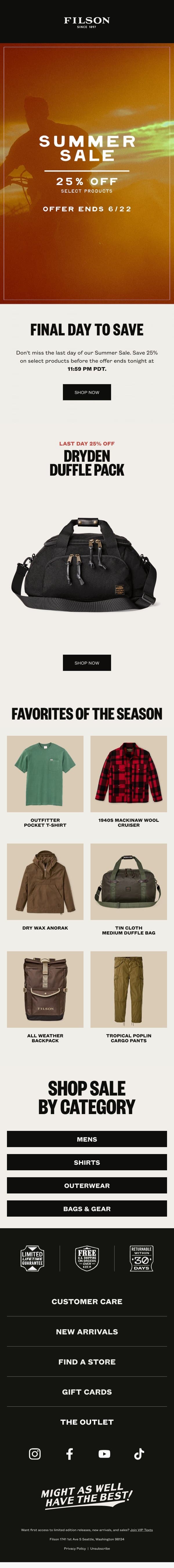 Final Day of the Summer Sale email from Filson screenshot