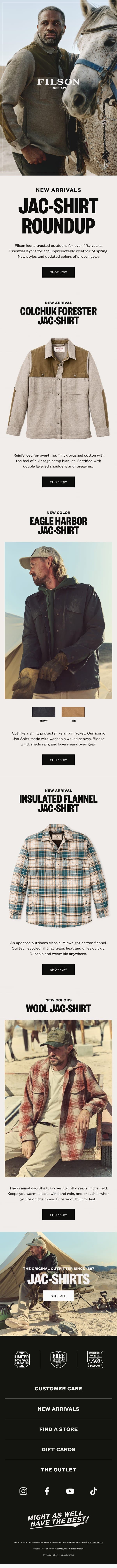New Arrivals: Jac-Shirts email from Filson screenshot