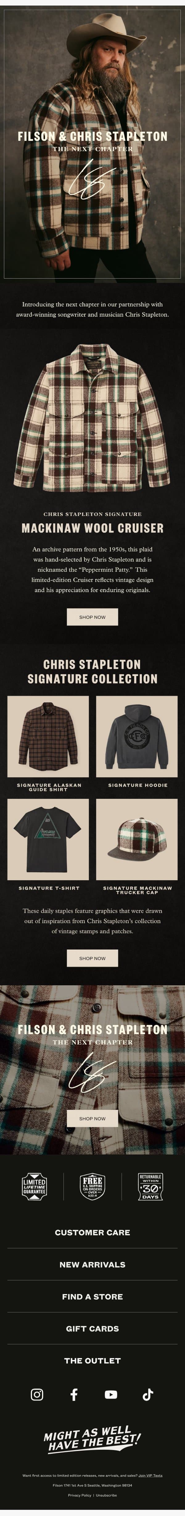 Filson & Chris Stapleton Signature Collection email from Filson screenshot