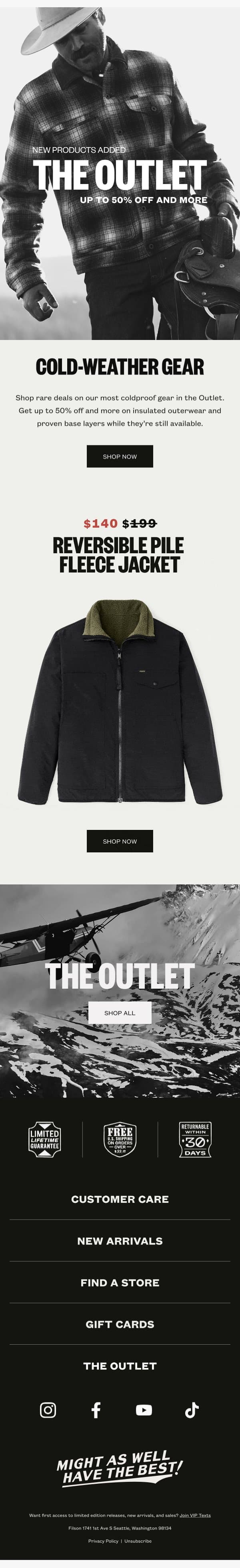 The Outlet: Insulated Jackets & Base Layers email from Filson screenshot