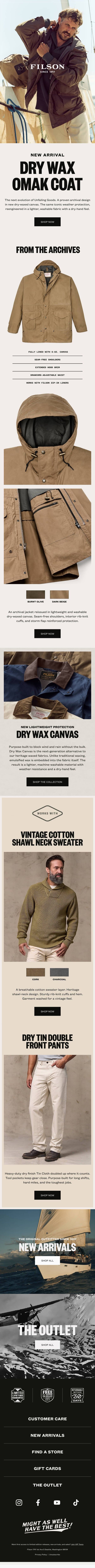 New Archival Omak Coat email from Filson screenshot