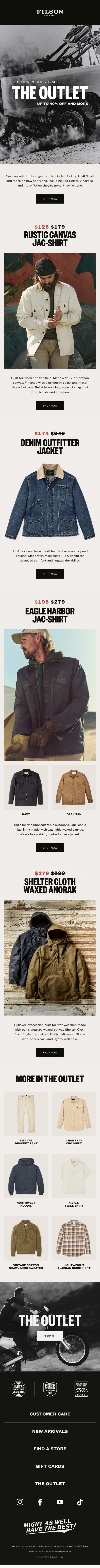 150+ New Additions in the Outlet email from Filson screenshot