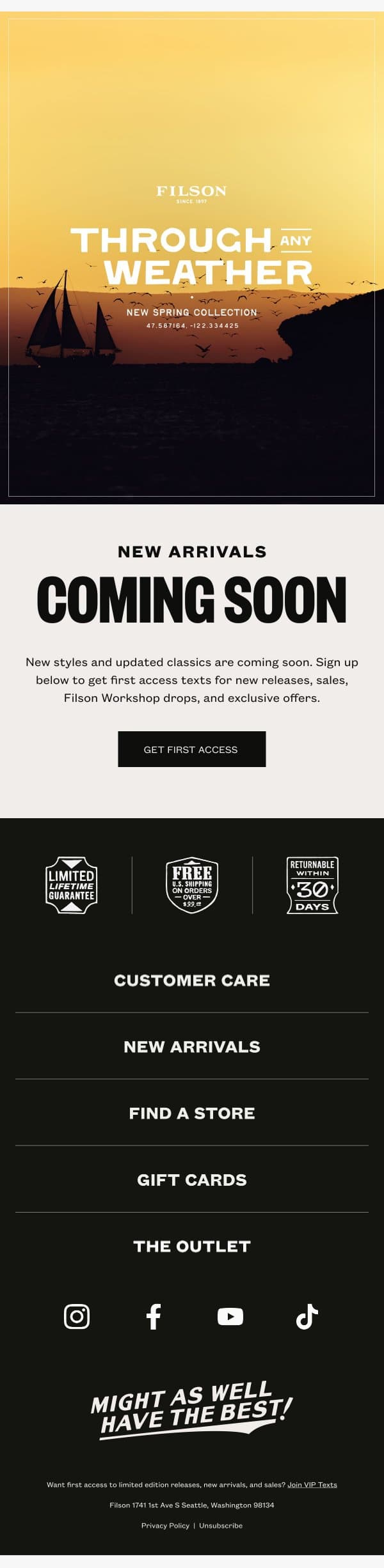 Spring New Arrivals Coming Soon email from Filson screenshot