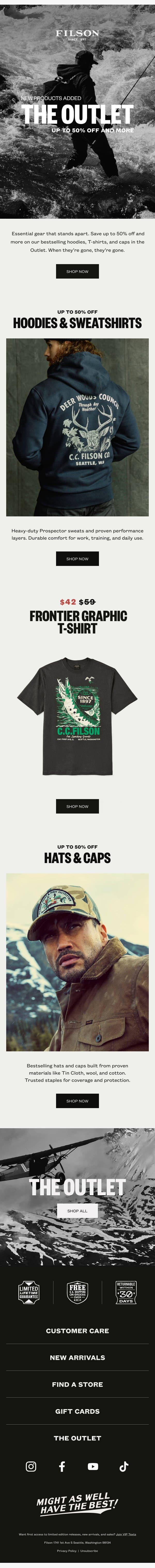 The Outlet: Save Big on Essential Layers email from Filson screenshot