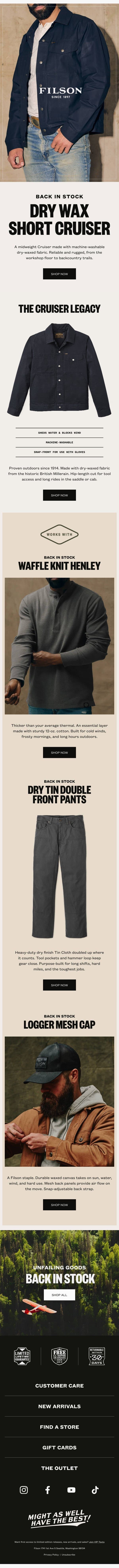 Back in Stock: Dry Waxed Short Cruiser email from Filson screenshot