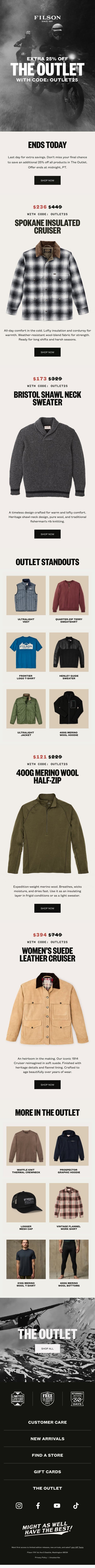 The Outlet: Final Day for Extra 25% Off email from Filson screenshot