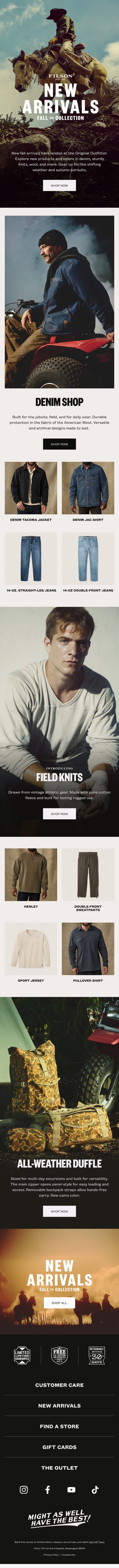 New Arrivals at the Original Outfitter email from Filson screenshot