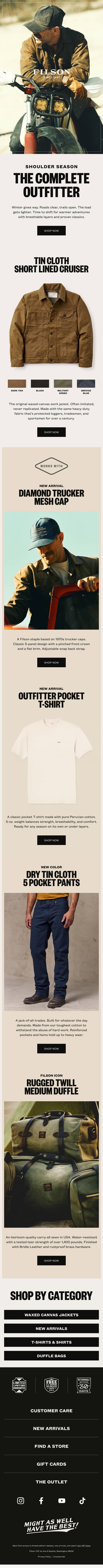 The Complete Outfitter: New & Iconic Layers email from Filson screenshot