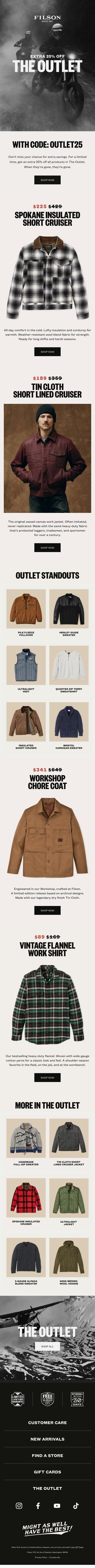 Extra 25% Off The Outlet email from Filson screenshot