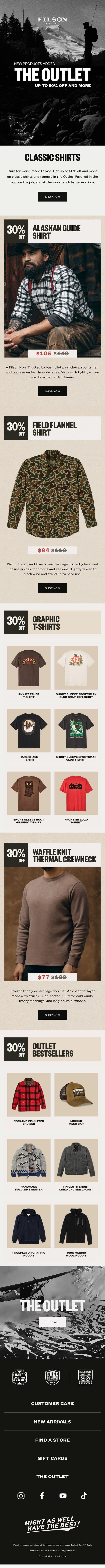 The Outlet: Save on Classic Flannels & Shirts email from Filson screenshot