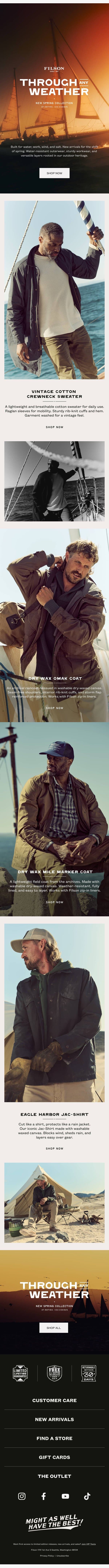 New Arrivals for the Shift of Spring email from Filson screenshot