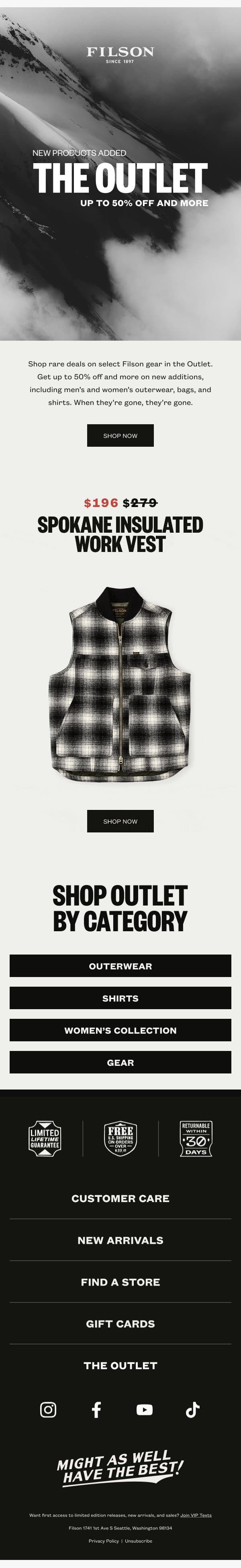 The Outlet: New Products Added email from Filson screenshot