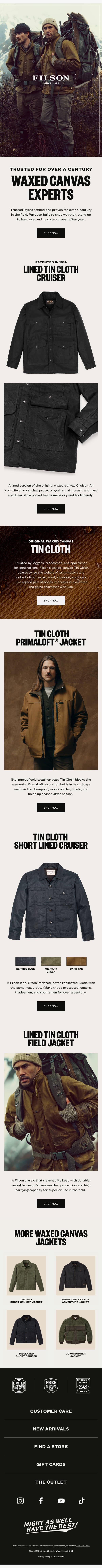 Waxed Canvas Pioneers: Trusted for Over a Century email from Filson screenshot