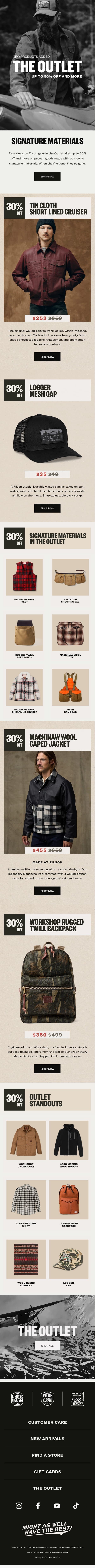The Outlet: Iconic Signature Materials email from Filson screenshot