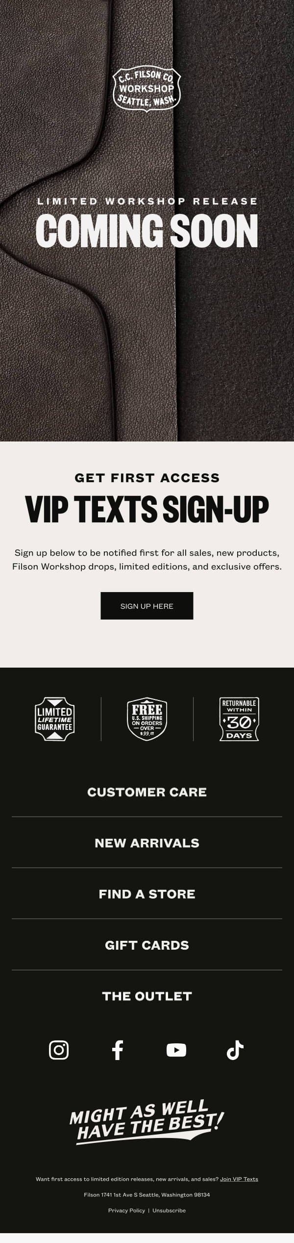 Coming Soon: Workshop Limited Drop email from Filson screenshot
