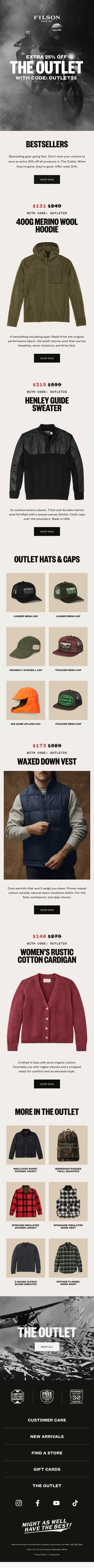 The Outlet: Save Big on Bestselling Gear email from Filson screenshot