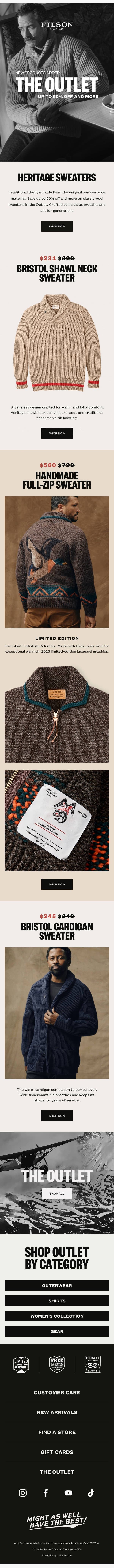 Rare Discounts on Wool Sweaters in The Outlet email from Filson screenshot