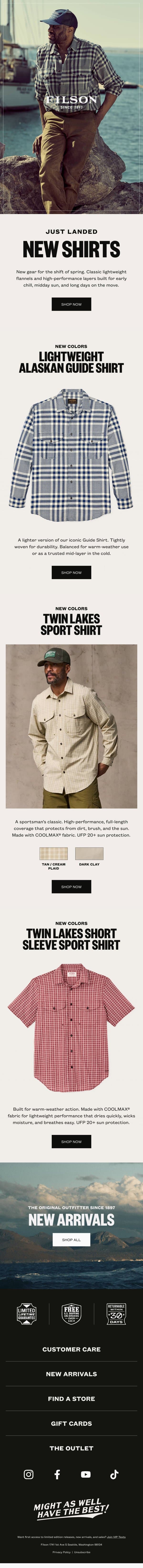 New Shirts for the Shift of Spring email from Filson screenshot