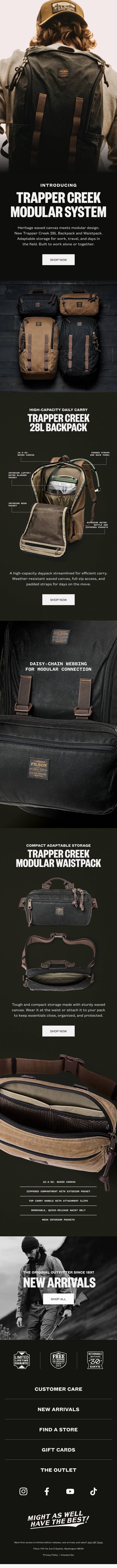 New Trapper Creek Modular System email from Filson screenshot