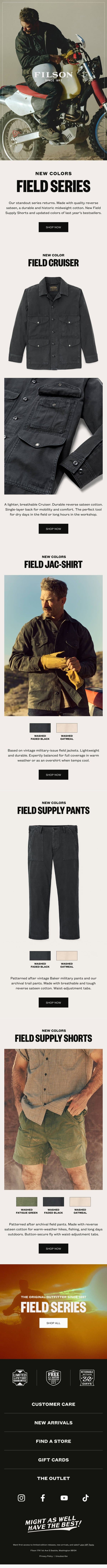 Standout Field Series Returns in New Colors email from Filson screenshot
