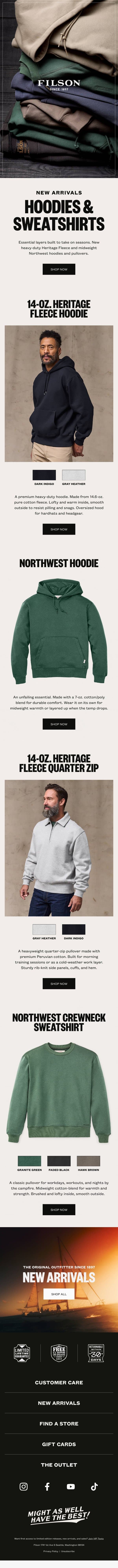 New Heritage Fleece Hoodie & More email from Filson screenshot