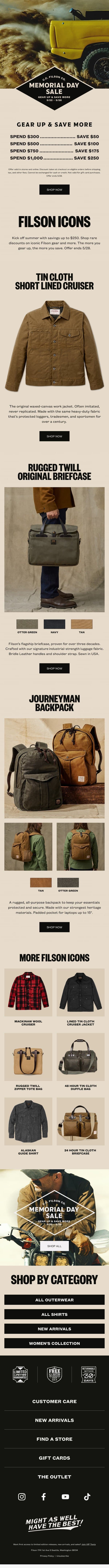 Memorial Day Sale: Filson Icons email from Filson screenshot