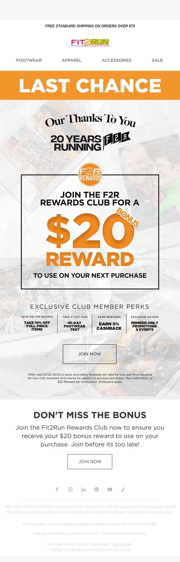 Last chance: $20 for joining email from Fit2Run screenshot