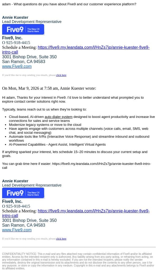 Re: Connecting re: your interest in Five9 email from Five9 screenshot