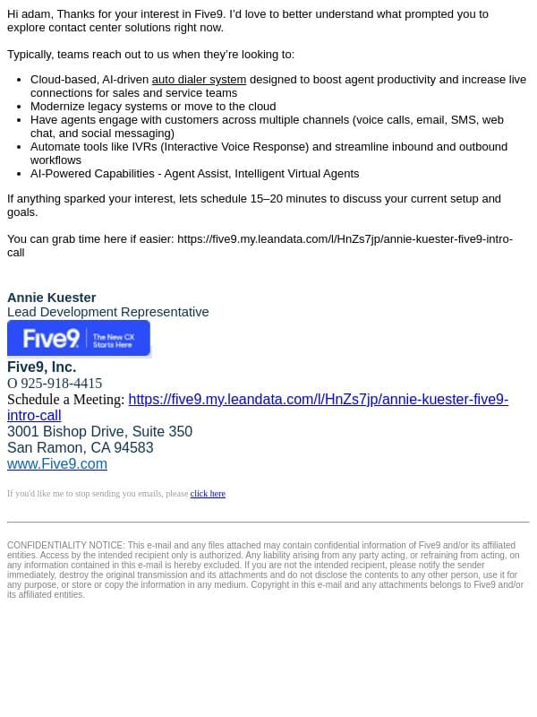 Connecting re: your interest in Five9 email from Five9 screenshot