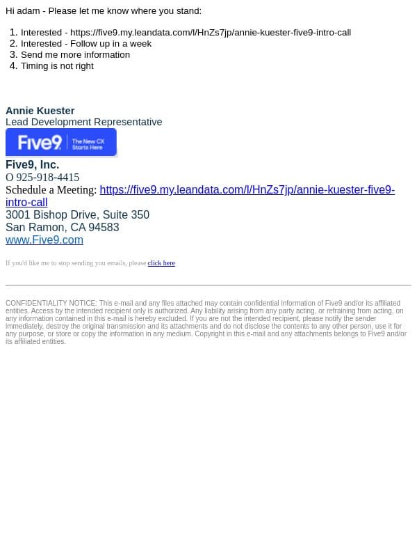 Five9 - Let's Chat or Go Away? email from Five9 screenshot