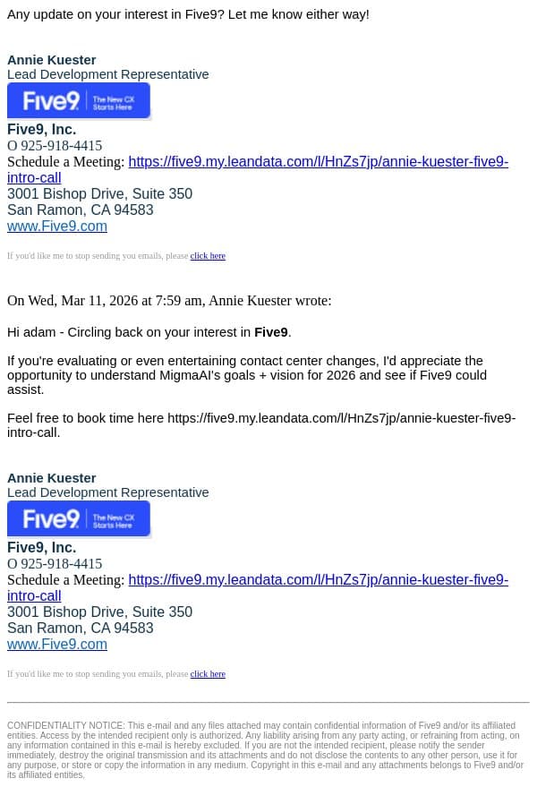 Re: Five9 email from Five9 screenshot