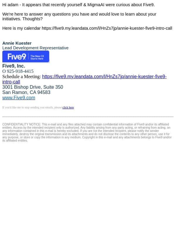 Five9 - What stemmed your initial interest? email from Five9 screenshot