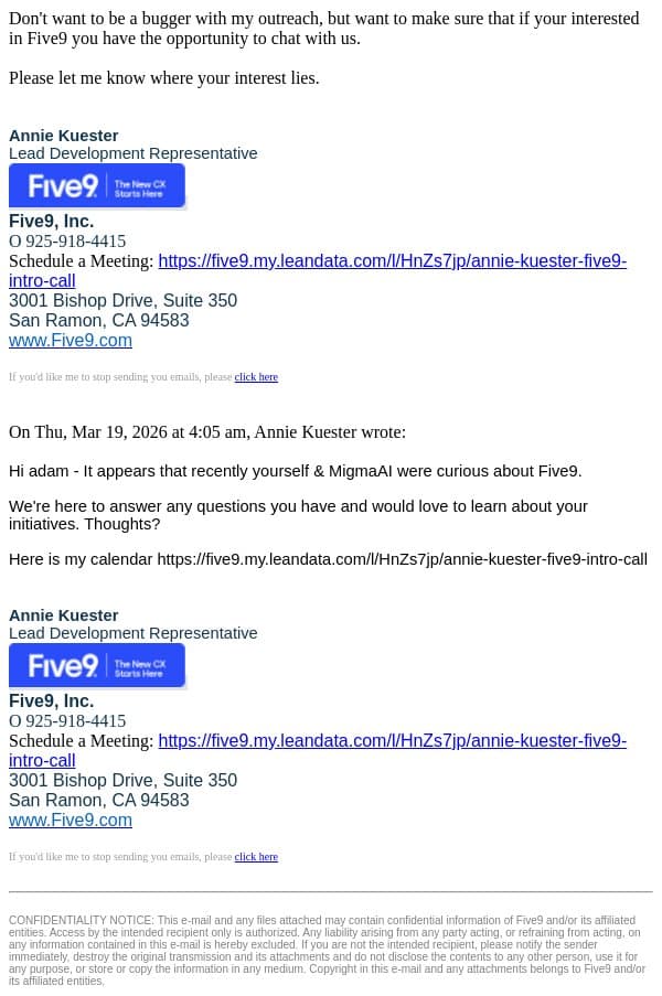 Re: Five9 - What stemmed your initial interest? email from Five9 screenshot