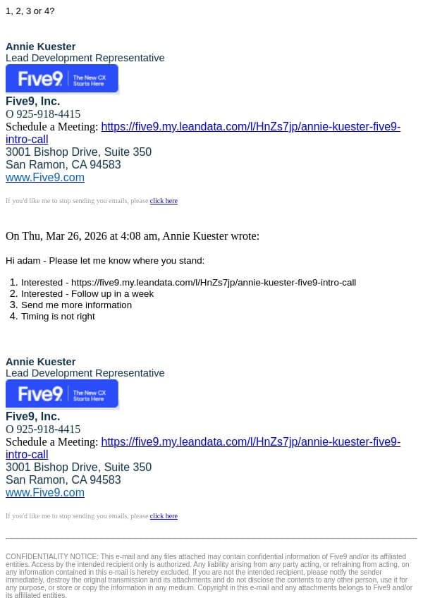 Re: Five9 - Let's Chat or Go Away? email from Five9 screenshot