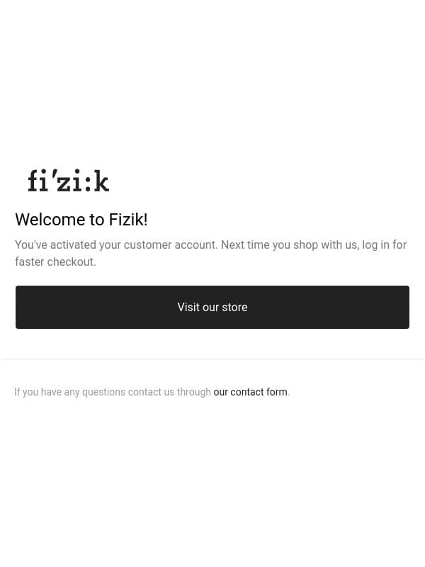 Customer account confirmation email from Fizik screenshot