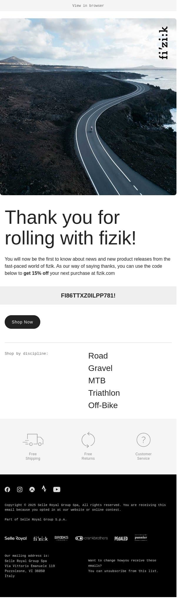 Thanks for signing up! email from Fizik screenshot