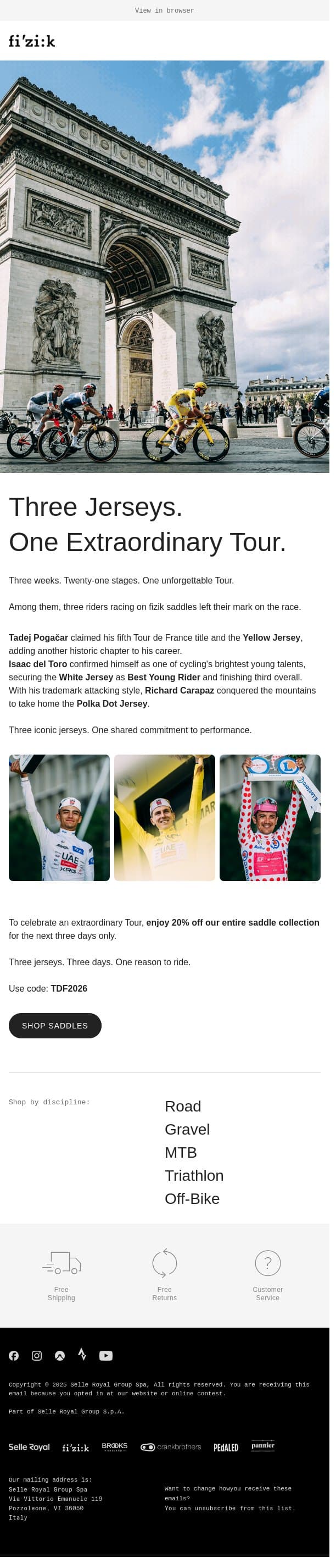 Three Jerseys. One Extraordinary Tour. email from Fizik screenshot