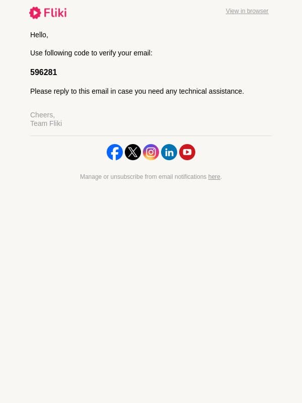 Email verification code email from Fliki screenshot