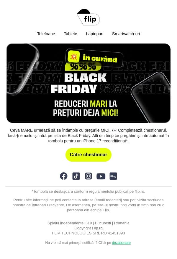 Hei, tu! Te-ai înscris la tombola de Black Friday? 🖤 email from Flip screenshot