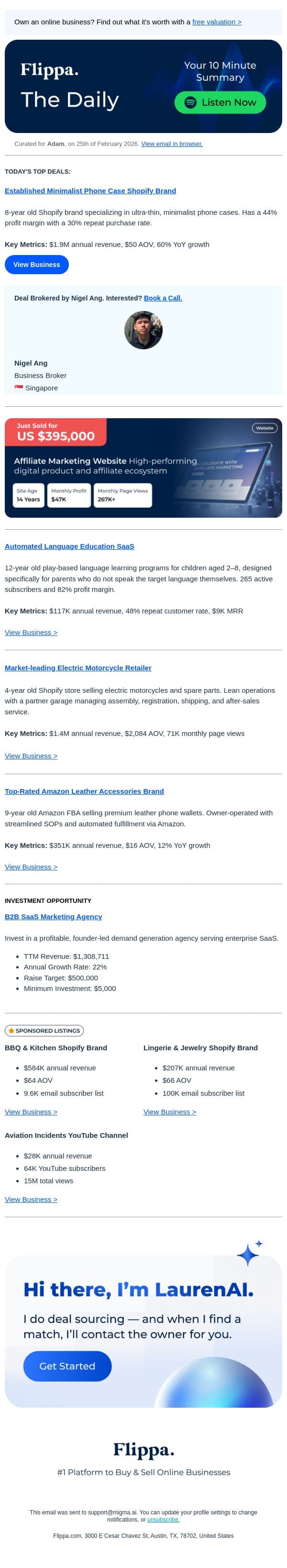 $1.9M Annual Rev Phone Case Shopify Store + More email from Flippa screenshot