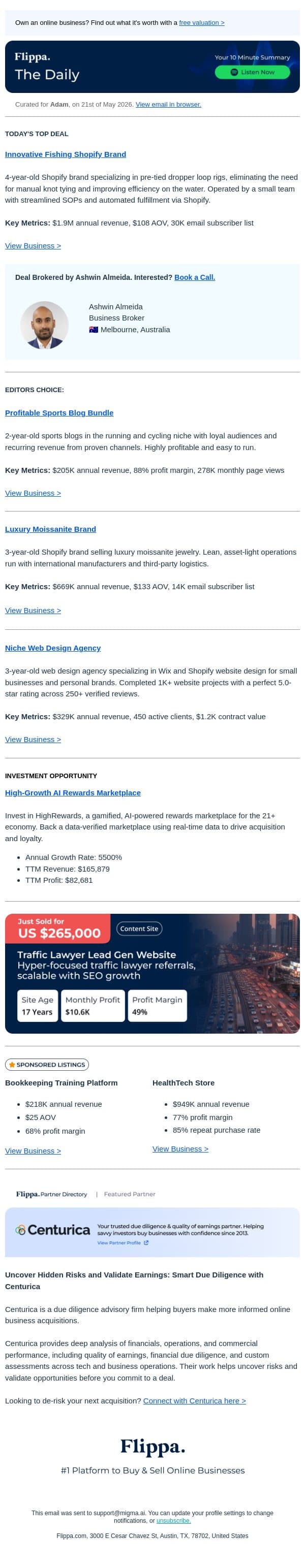 5-Star Design Agency + 278K Views Sports Blogs + $1.9M Fishing Brand email from Flippa screenshot